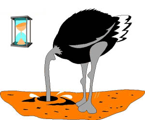 Colour Clip Art Image of an Ostrich, with head deeply embedded in sand. Meanwhile, in the background, an hourglass signals that time is running out !