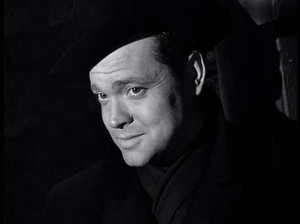 Black and white image of the film character 'Harry Lime', played by Orson Welles, in a key scene late in the film when he is first seen. Click to enlarge.