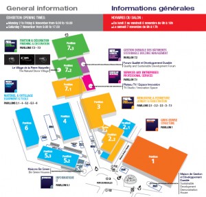 Annotated, colour image showing the 2009 Paris BATIMAT Exhibition Site Layout and general information about dates (2-7 November), opening times (every morning, from 09.00 hrs), etc. Click to enlarge. Extract from Official Exhibition Catalogue.