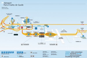 Colour image showing the Airport Complex Plan of Roissy Charles De Gaulle in Paris. Note the New CDGVAL Métro ... an important interconnecting transportation system. Click to enlarge.