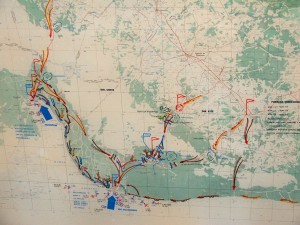Colour photograph showing the deployment and movement of forces during the attempted U.S. Invasion of the Bay of Pigs (Bahia de Cochinos), in April 1961. Playa Girón is the lower of the two coastal landing points in view ... Playa Larga, the other. From a display at Girón Museum. Photograph by CJ Walsh. 2007-04-13. Click to enlarge.
