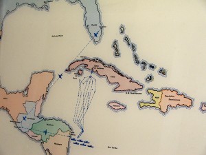Colour photograph showing the elaborate and circuitous route taken by the 1961 U.S. Invasion Force from Florida to the Bay of Pigs (Bahia de Cochinos), in Cuba. From a display at Girón Museum. Photograph by CJ Walsh. 2007-04-13. Click to enlarge.
