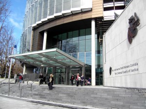 Colour photograph showing the Main Entrance to the New Criminal Courts of Justice Building in Dublin, with entrance steps in the foreground. Photograph taken by CJ Walsh. 2011-03-30. Click to enlarge.