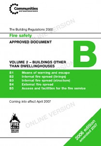 Colour image showing the Cover Page of Approved Document B: 'Fire Safety' ... Volume 2 - Buildings Other Than Dwellinghouses ... from the Building Regulations for England & Wales. Click to enlarge.