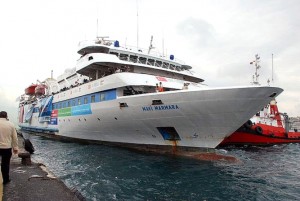 Colour photograph showing the MV Mavi Marmara aid-carrying ship leaving the port of Antalya, in Southern Turkey ... on 22 May 2010 ... for Gaza, in Palestine.
