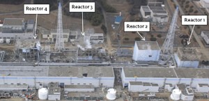 Colour photograph showing a Birdseye View of the Fukushima Nuclear Reactors after the 2011 Explosions. Click to enlarge.