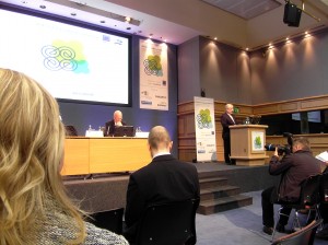 Colour photograph showing Tánaiste Eamon Gilmore delivering a Keynote Address, from the podium, at the 2012 Dublin IIEA/TEPSA Irish EU Presidency Conference. In the Chair - looking very pensive - is Mr. Dáithí O'Ceallaigh, Director General of the IIEA. Photograph taken by CJ Walsh. 2012-11-23. Click to enlarge.